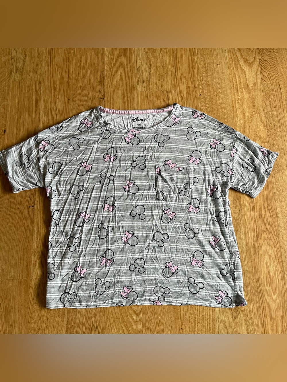 Disney Women’s Minnie Mouse Gray Striped Pocket Short Sleeve T-Shirt Size M